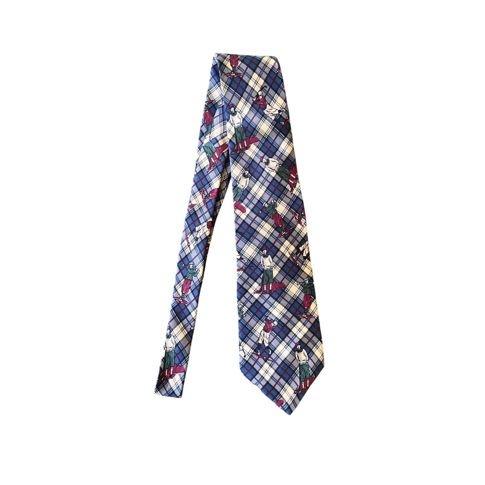 Rooster West End Collection Silk Tie Blue Plaid Novelty Golfer Golf Print USA